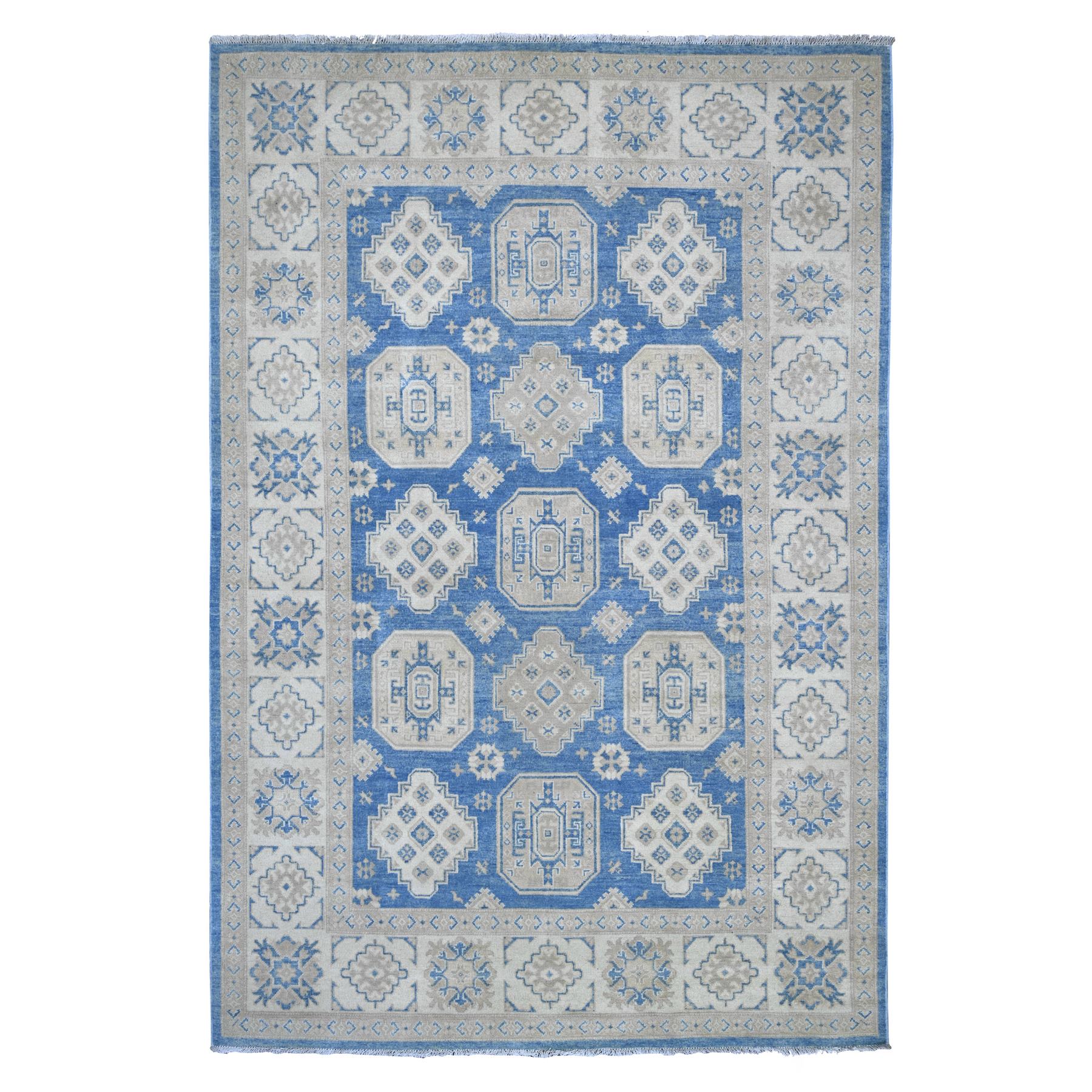 6'x8'10" Steel Blue, Vintage Look Kazak with Geometric Floral Elements, 100% Wool, Hand Knotted, Natural Dyes, Oriental Rug 